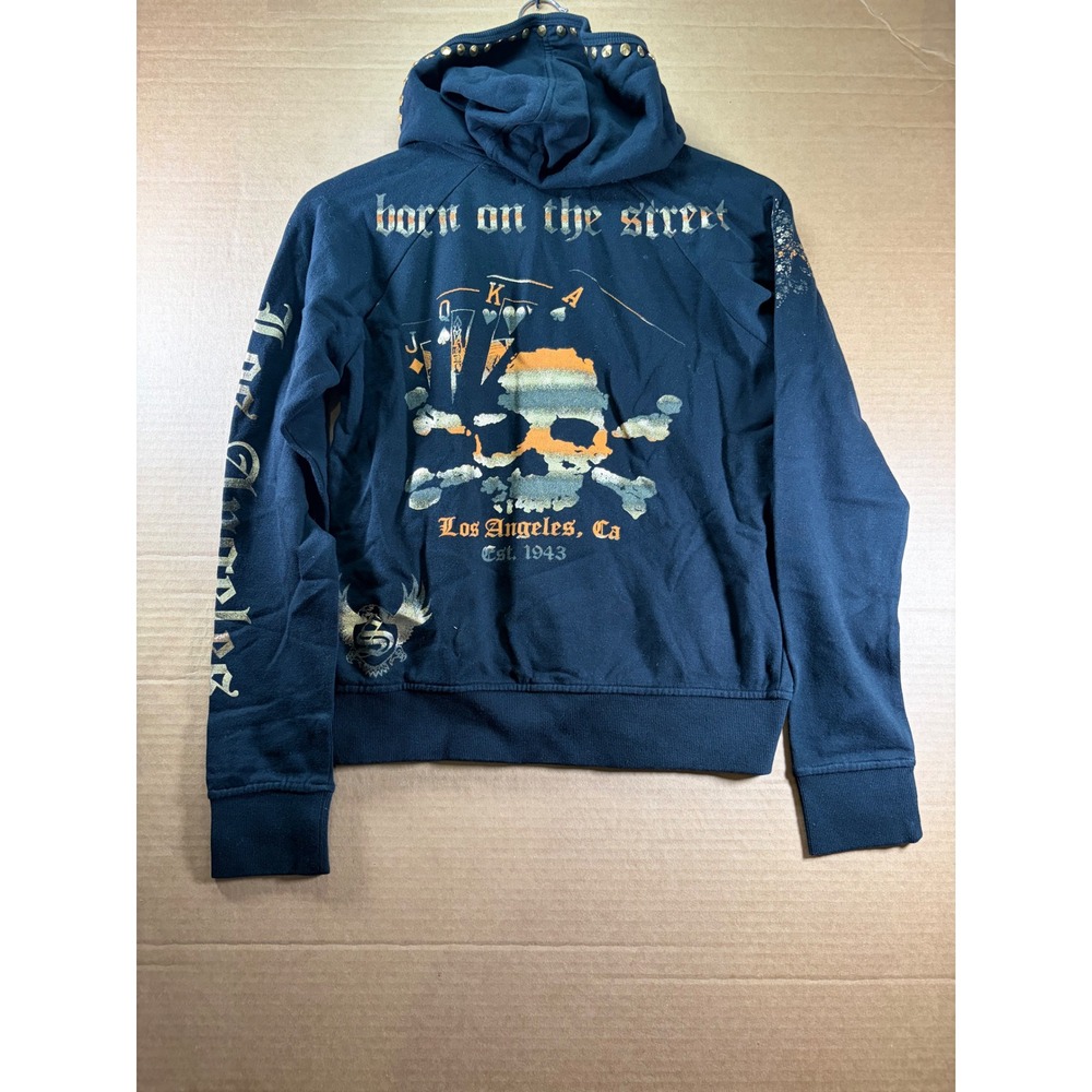 Smet Zip Up Hoodie Womens Small Black Born on the Street Studded Graphic Y2K